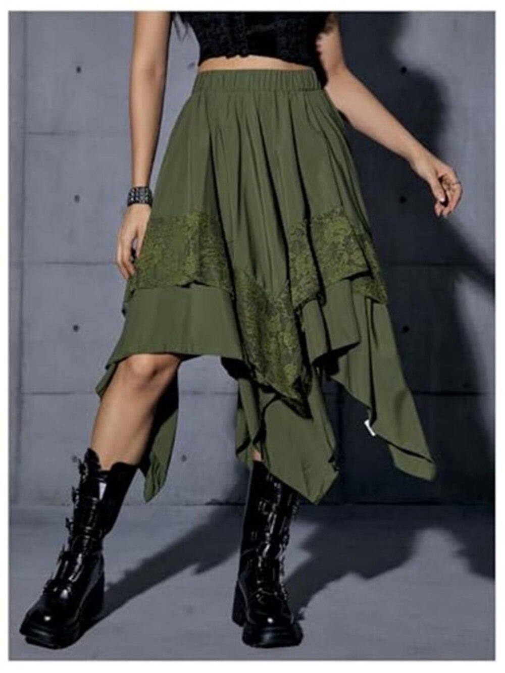 Olive Green Renaissance Fairycore Lace Handkerchief Hem Midi Skirt - Picture 4 of 6